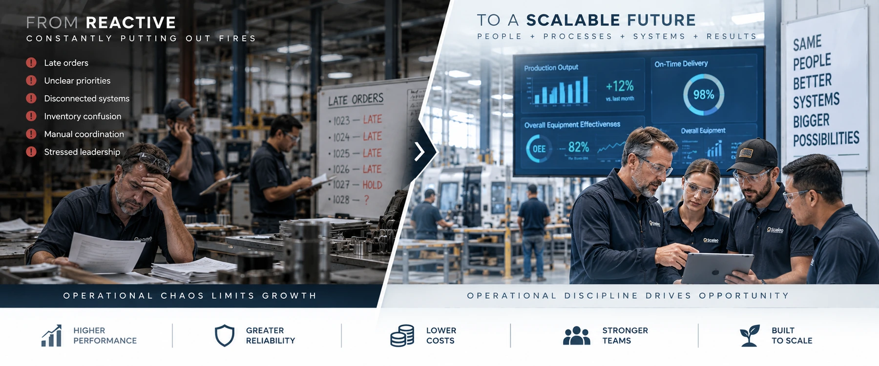 A manufacturing operation moves from late orders, unclear priorities, disconnected systems and manual coordination to higher performance, greater reliability, lower costs, stronger teams and readiness to scale.