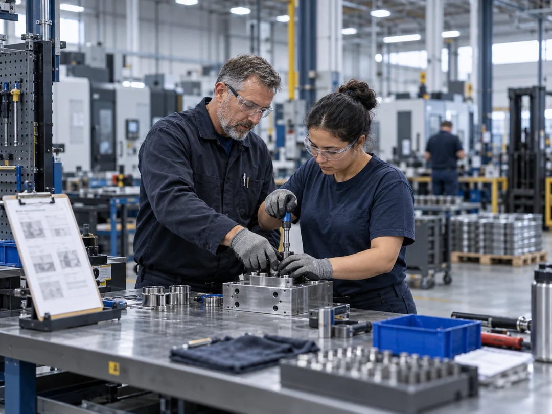 Illustrative manufacturing scene of two colleagues practicing an assembly task.