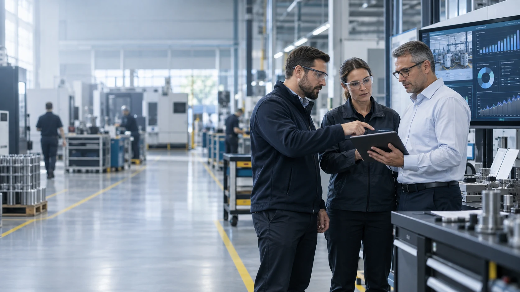 Manufacturing leaders reviewing production information on the factory floor.